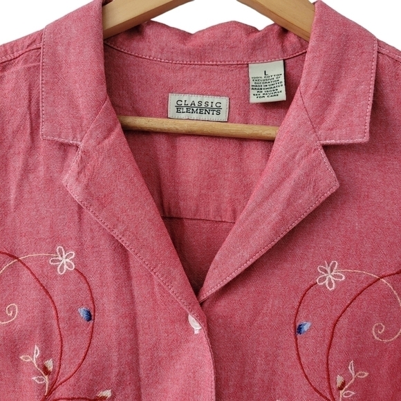 PINK Sleeveless Blouse Cotton Button Up Embroidered Collared Tank LG - Picture 6 of 7